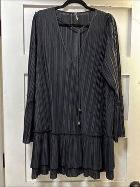 Free People Black Pleated Tiered V-Neck Dress